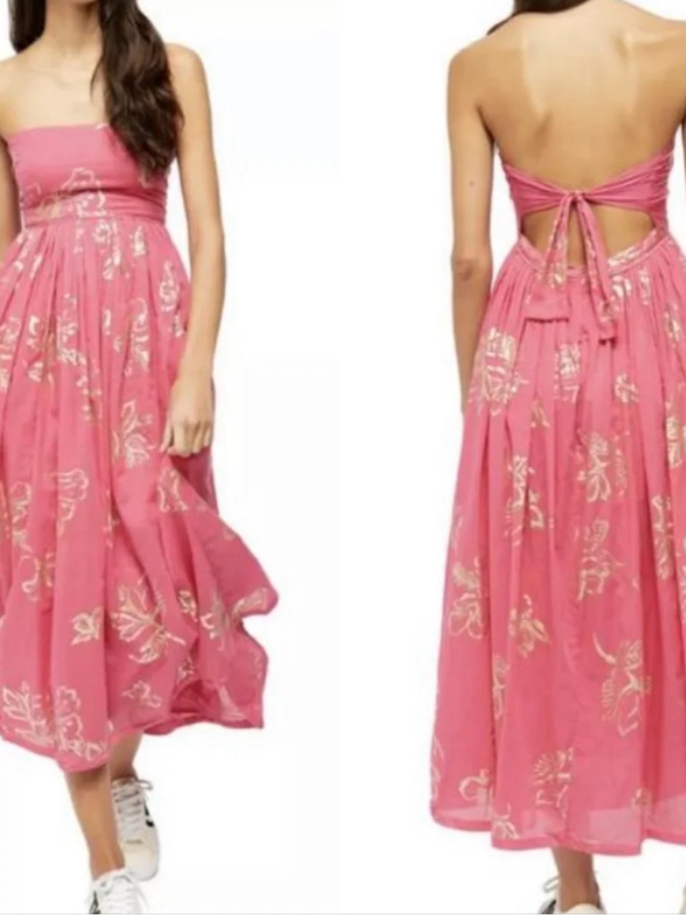 Free People Pink Strapless Metallic Floral Tie-Back Midi Dress